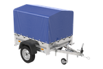 Lichte aanhangwagen Garden Trailer 150 KIPP met afmeting van 150x106 met blauwe zeil en huif MTM 750 KG 