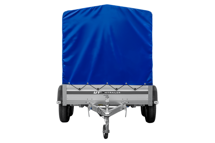 Tweeassige aanhanger met aluminium zijwanden 264x125 Unitrailer Garden 264/2 KIPP ALU met frame H-1100 en blauwe afdekking