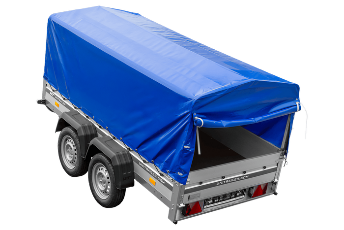 Tweeassige aanhanger met aluminium zijwanden 264x125 Unitrailer Garden 264/2 KIPP ALU met H-800 frame en blauwe afdekking