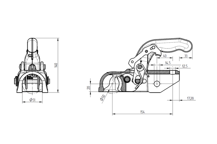 KNOTT K35-A kogelkoppeling voor een 3500kg aanhangwagen met een 50mm buisdissel, gietijzer