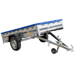 Garden trailer 230 kipp met steunwiel en platte blauwe afdekking