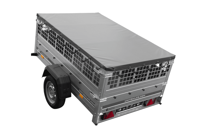 Enkelassige aanhanger 200x125 UNITRAILER GARDEN 201 KIPP met gaaswanden en grijze afdekking