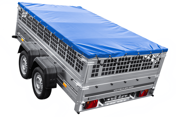 Lichte aanhanger 264x150 UNITRAILER GARDEN 265/2 KIPP met gaaswanden, H-0 frame en blauwe hoes