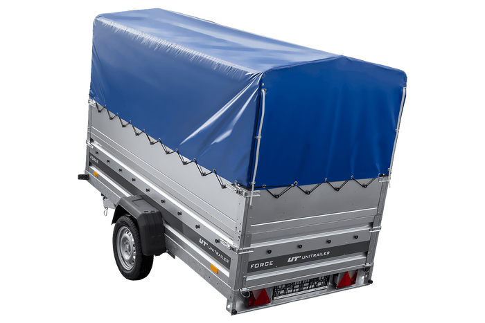 Lichte aanhanger op veren 264x125 UNITRAILER FORCE 264/R KIPP met BIS-zijwanden, H-800 frame en blauwe afdekking
