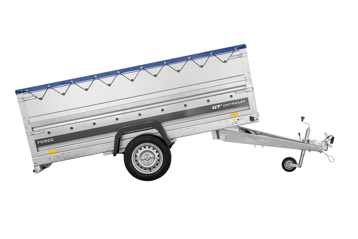 Enkelassige aanhanger op veren 264x125 UNITRAILER FORCE 264/R KIPP met BIS-zijwanden, H-0 frame en blauw dekzeil