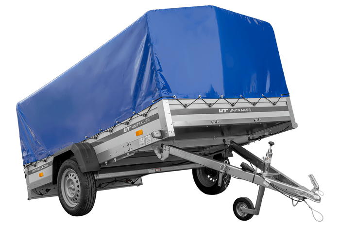 Enkelassige aanhanger met aluminium zijwanden 264x150 Unitrailer Garden 265 KIPP ALU met H-800 frame en blauwe afdekking