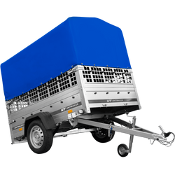 Enkelassige aanhangwagen op veren 200x125 UNITRAILER GARDEN 201/R KIPP met roosterwanden, H-800 frame en blauwe afdekking