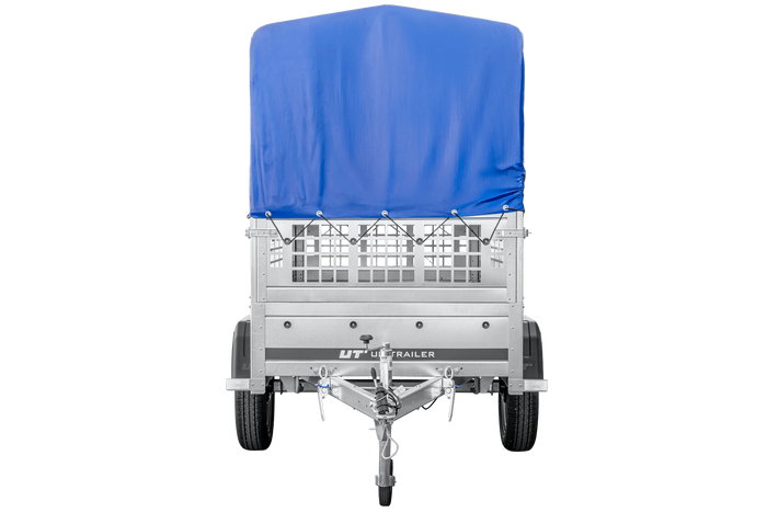 Eenassige aanhanger met kipper Unitrailer GARDEN TRAILER 200 KIPP met steunwiel, gaaswanden en H-800 frame met blauwe kap