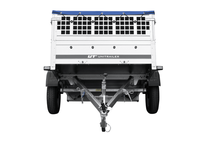 Enkelassige aanhanger 200x125 UNITRAILER GARDEN 201 KIPP met gaaswanden, H-0 frame en blauw dekzeil