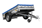 Enkelassige aanhanger op veren met aluminium zijwanden 200x125 Unitrailer Garden 201/R KIPP ALU met H-0 frame en blauwe afdekking