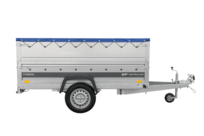 Autotransportaanhanger op veren 230x125 UNITRAILER FORCE 230/R KIPP met BIS-zijwanden, H-0 frame en blauwe afdekking