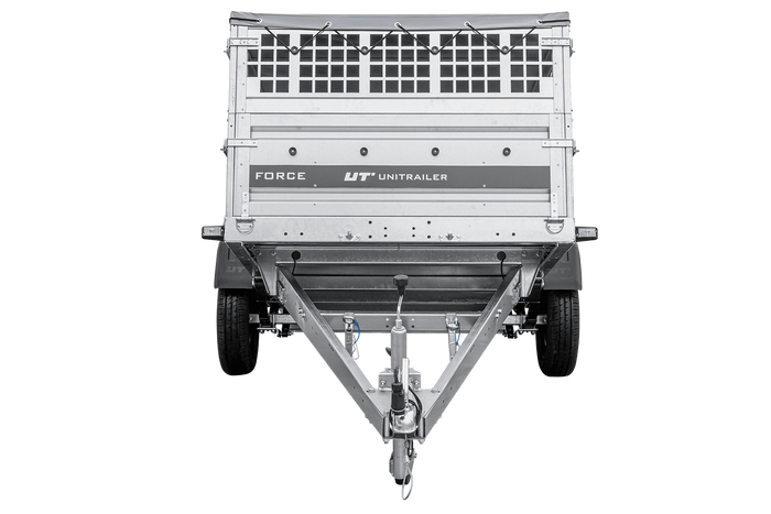 Lichte aanhanger op veren 230x125 UNITRAILER FORCE 230/R KIPP met gaaswanden, H-0 frame en grijze afdekking