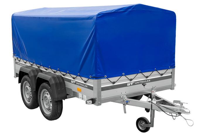 Tweeassige aanhanger met aluminium zijwanden 264x125 Unitrailer Garden 264/2 KIPP ALU met H-800 frame en blauwe afdekking