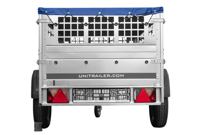 Enkelassige aanhanger 200x106 UNITRAILER GARDEN 200 KIPP met gaaswanden en blauw dekzeil