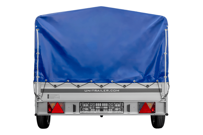 Enkelassige aanhanger met aluminium zijwanden 264x150 Unitrailer Garden 265 KIPP ALU met H-800 frame en blauwe afdekking