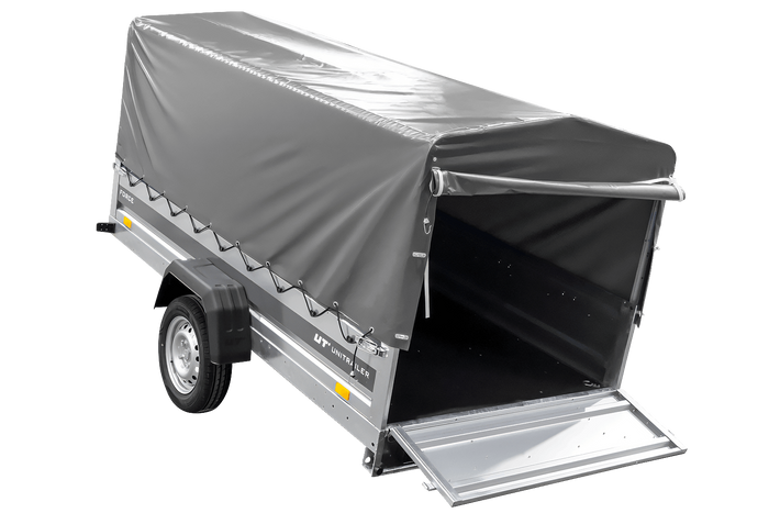 Autotrailer 264x125 UNITRAILER FORCE 264 KIPP met H-800 frame en grijze afdekking