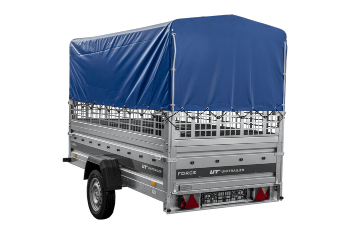 Autotransportaanhanger 264x125 UNITRAILER FORCE 264 KIPP met gaaswanden, H-800 frame en blauwe hoes