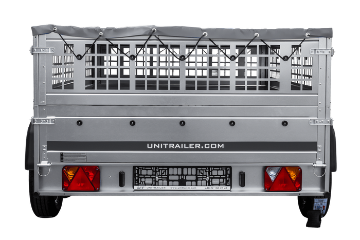 Lichte aanhanger 264x150 UNITRAILER GARDEN 265/2 KIPP met gaaswanden, H-0 frame en grijze afdekking