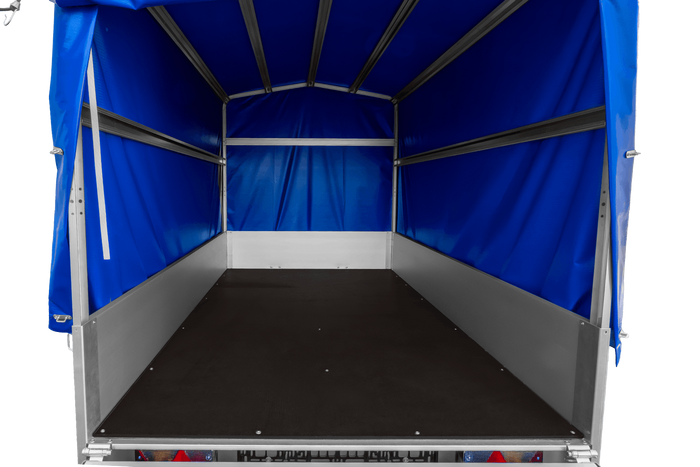 Autoaanhanger met aluminium zijwanden 230x125 Unitrailer Garden 230 KIPP ALU met H1100 frame en blauwe afdekking