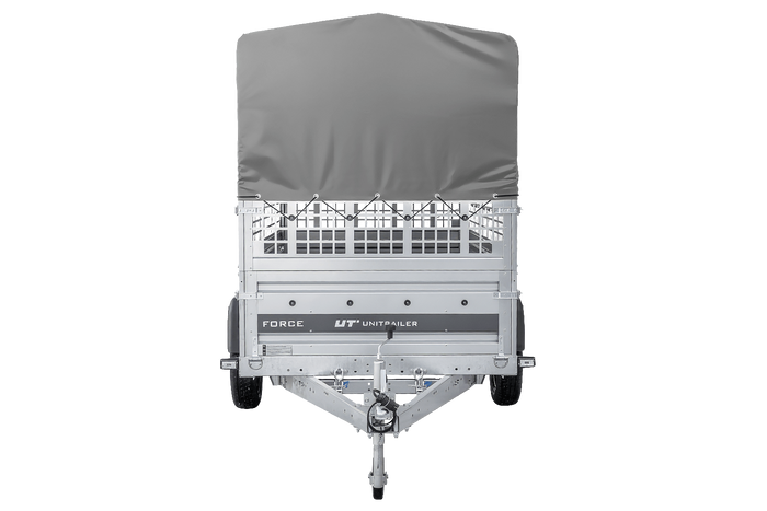 Autotransportaanhanger op veren 264x125 UNITRAILER FORCE 264/R KIPP met gaaswanden, H-800 frame en grijze afdekking