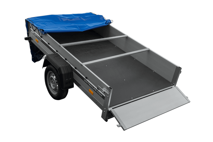 Enkelassige aanhanger met aluminium zijwanden 230x125 Unitrailer Garden 230 KIPP ALU met H-0 frame en blauwe afdekking
