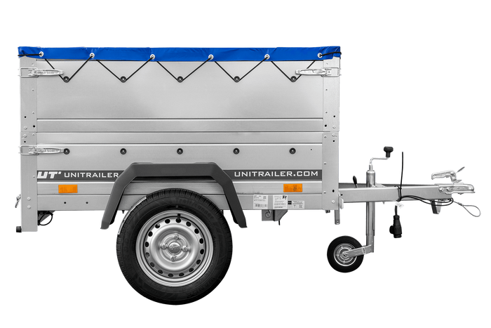 Unitrailer GARDEN TRAILER 150 KIPP met steunwiel, twee zijkanten en blauwe vlakke afdekking