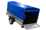 Enkelassige aanhanger op veren 264x125 UNITRAILER FORCE 264/R KIPP met H-800 frame en blauwe afdekking
