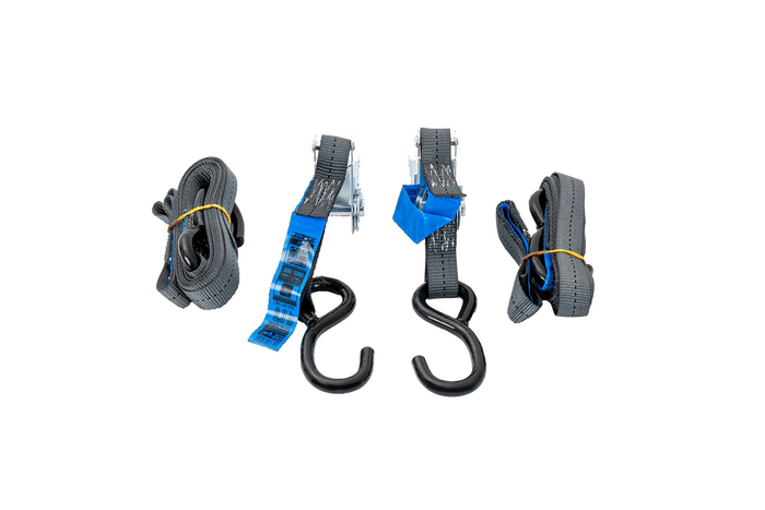 Set van twee HILLS 3m/25mm/1t transportbanden met spanmechanisme en twee 0,45m riemen voor het vastzetten van de motorfiets.