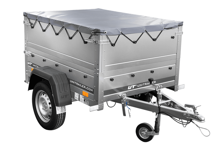 Unitrailer GARDEN TRAILER 150 KIPP met een steunwiel, twee zijkanten en een grijze platte afdekking op een frame