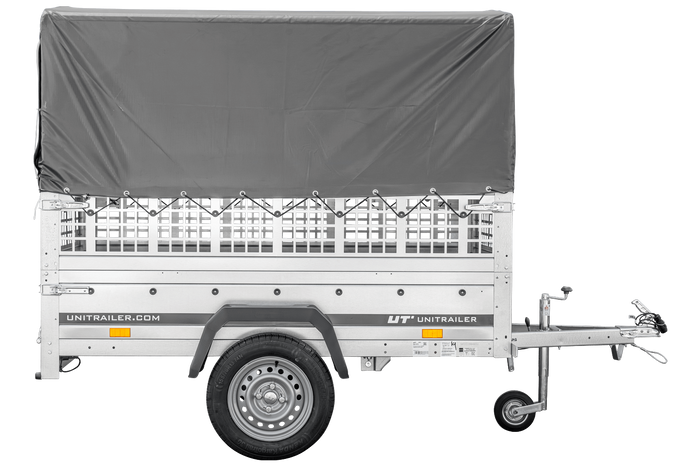 Autoaanhanger 200x106 UNITRAILER GARDEN 200 KIPP met gaaswanden, H-800 frame en grijze afdekking