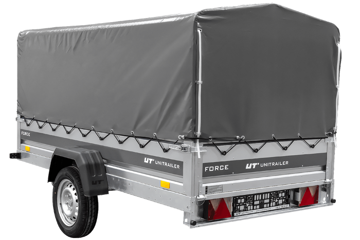 Autotrailer 264x125 UNITRAILER FORCE 264 KIPP met H-800 frame en grijze afdekking