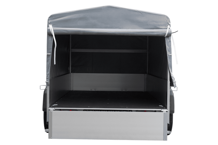 Enkelassige aanhanger op veren met aluminium zijwanden 230x125 Unitrailer Garden 230/R KIPP ALU met H-800 frame en grijze afdekking
