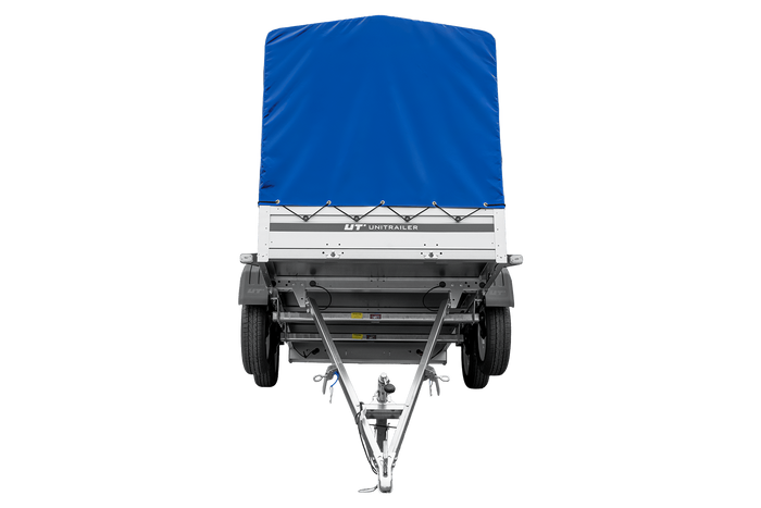 Tweeassige aanhanger met aluminium zijwanden 264x125 Unitrailer Garden 264/2 KIPP ALU met frame H-1100 en blauwe afdekking