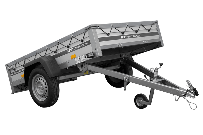Enkelassige aanhanger met aluminium zijwanden 200x125 Unitrailer Garden 201 KIPP ALU met H-0 frame en grijze afdekking