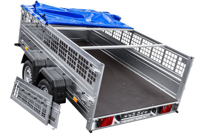 Lichte aanhanger 264x150 UNITRAILER GARDEN 265/2 KIPP met gaaswanden, H-0 frame en blauwe hoes