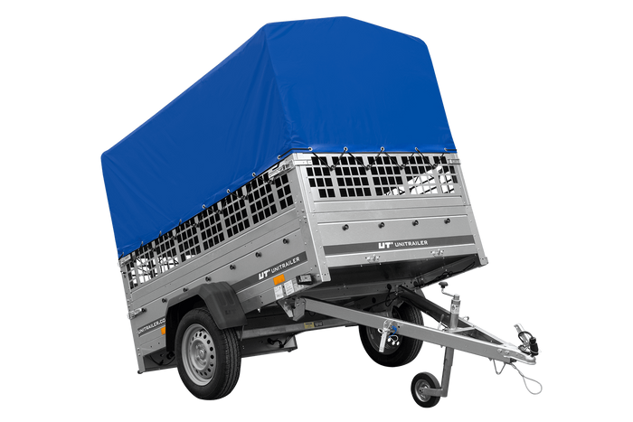 Autoaanhanger 200x125 UNITRAILER GARDEN 201 KIPP met gaaswanden, H-800 frame en grijs dekzeil