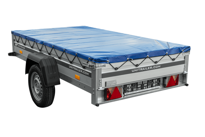 Enkelassige aanhanger met aluminium zijwanden 230x125 Unitrailer Garden 230 KIPP ALU met H-0 frame en blauwe afdekking