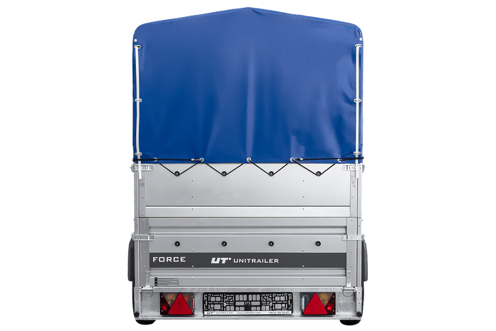 Autotransporter 264x125 UNITRAILER FORCE 264 KIPP met BIS-zijwanden, H-800 frame en blauwe afdekking