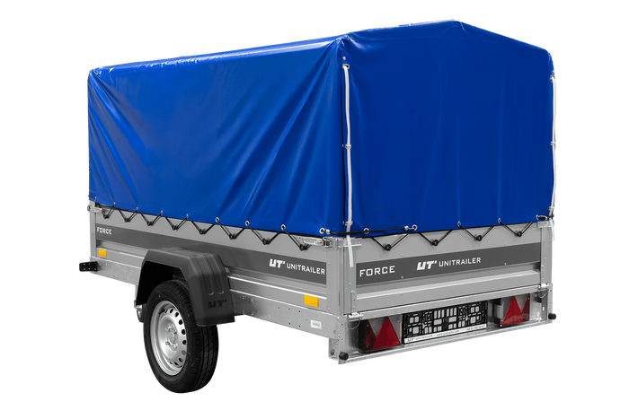 Enkelassige aanhanger 230x125 UNITRAILER FORCE 230 KIPP met H-800 frame en blauwe afdekking