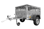 Kleine enkelassige aanhanger Unitrailer GARDEN TRAILER 150 KIPP met steunwiel, gaaswanden en een vlakke grijze kap