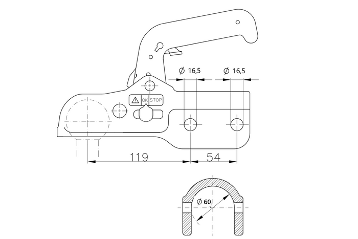 WINTERHOFF WW 350-RCH-1616 kogelkoppeling voor aanhanger van 3500 kg met dissel van 60 mm buis, gietijzer