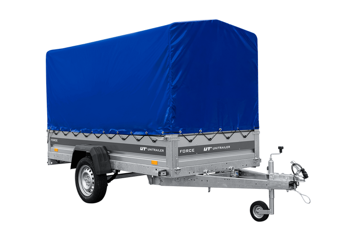 Enkelassige aanhanger op veren 264x125 UNITRAILER FORCE 264/R KIPP met H-1100 frame en blauwe afdekking