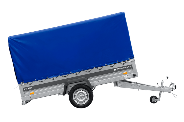 Enkelassige aanhanger op veren 264x125 UNITRAILER FORCE 264/R KIPP met H-1100 frame en blauwe afdekking