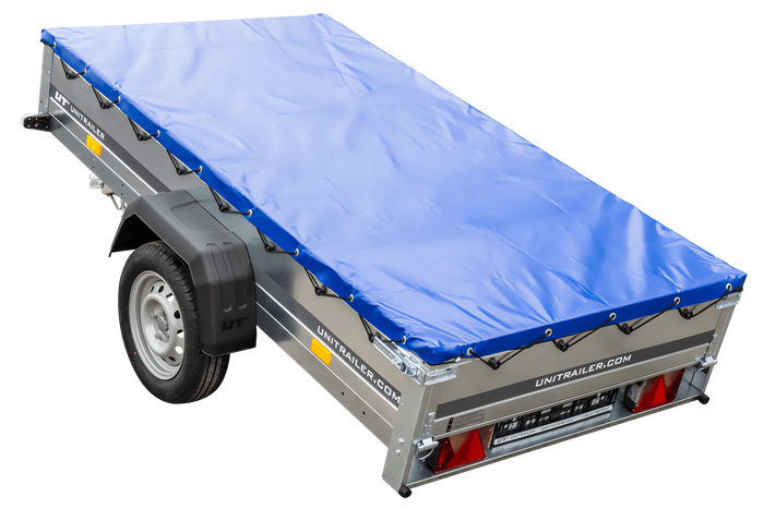Garden trailer 230 kipp met steunwiel en platte blauwe afdekking