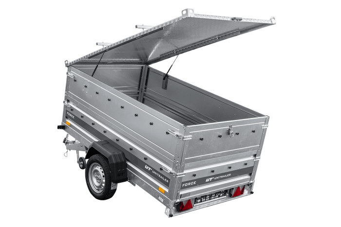 Enkelassige aanhanger op veren 230x125 UNITRAILER FORCE 230/R KIPP met BIS-zijwanden en aluminium afdekking