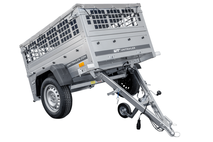Kleine enkelassige aanhanger Unitrailer GARDEN TRAILER 150 KIPP met steunwiel, gaaswanden en een vlakke grijze kap