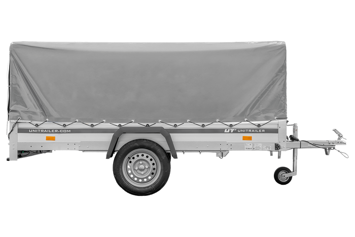 Enkelassige aanhanger met aluminium zijwanden 264x150 Unitrailer Garden 265 KIPP ALU met H-800 frame en grijze afdekking
