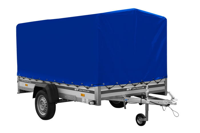 Autoaanhanger met aluminium zijwanden 264x150 Unitrailer Garden 265 KIPP ALU met H-1100 frame en blauwe afdekking