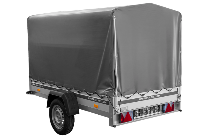 Autoaanhanger met aluminium zijwanden 230x125 Unitrailer Garden 230 KIPP ALU met H1100 frame en grijze afdekking