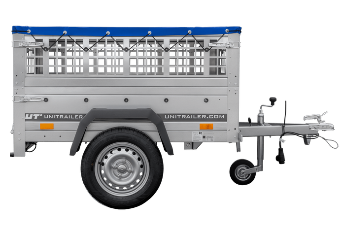 Autoaanhanger 150x106 UNITRAILER GARDEN 150 KIPP met gaaswanden en blauwe hoes